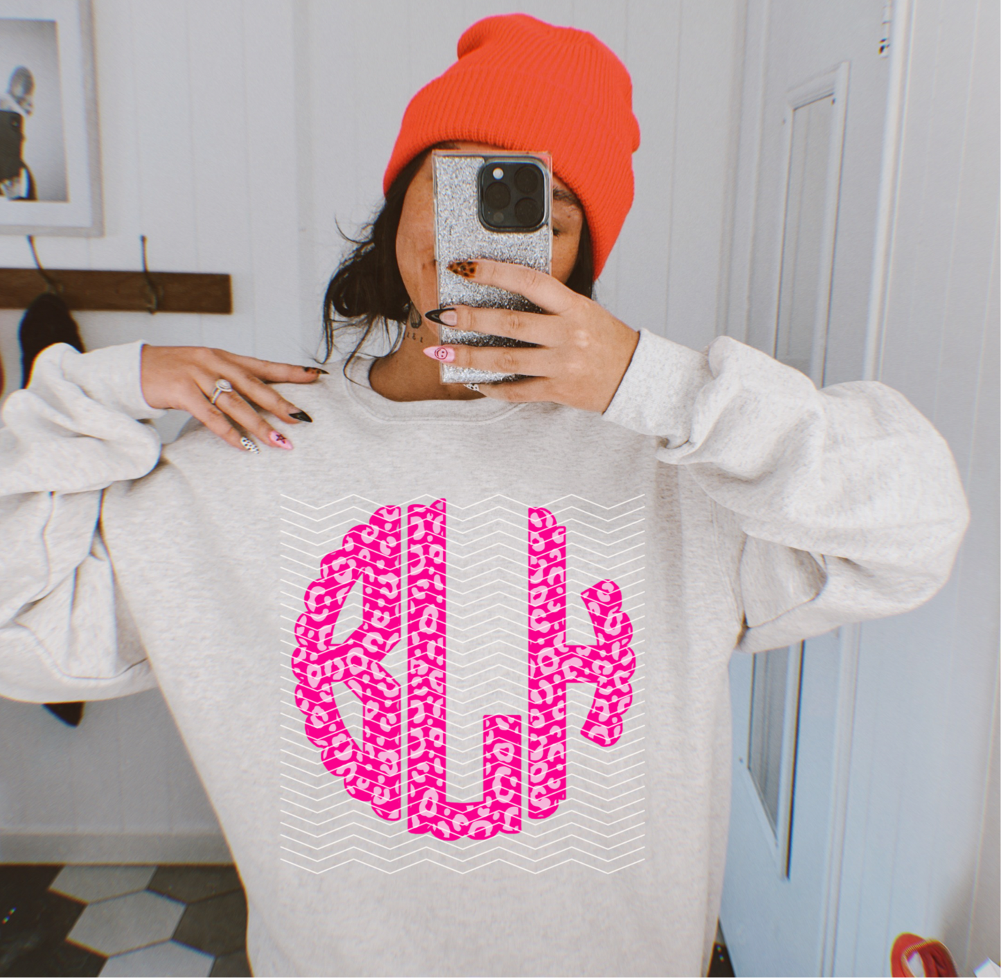Pink Leopard Monogram Crew